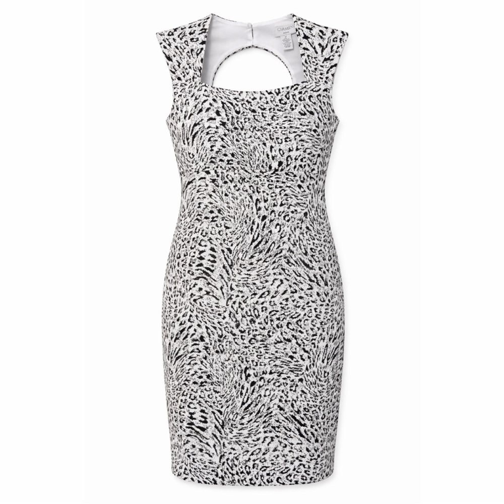 Carmen Marc Valvo Black and White Animal Print Midi Dress